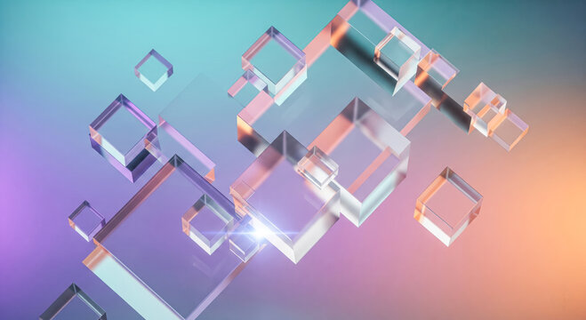 Abstract background with transparent glass squares, glassmorphism design for corporate technology presentation, futuristic framework concept with colorful gradient and lens flare.