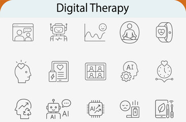 Digital therapy line icons set, ai mental health support vector