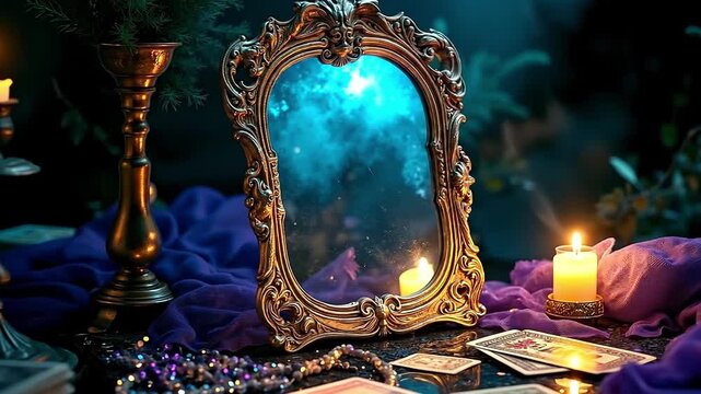 A mirror sitting on top of a table next to a candle