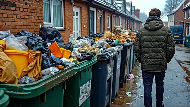 A man standing in front of a row of trash cans