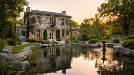 Fototapeta premium Luxury American lakeside villa with stone facade symmetrical windows and landscaped garden with fountain reflecting in still water