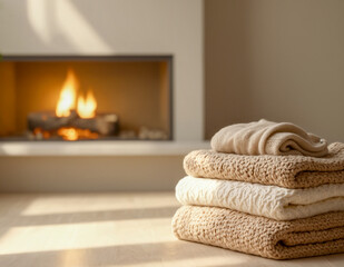 Stack of cozy beige knitwear on wooden floor against blurred fireplace. Warm winter lifestyle and hygge home interior background.