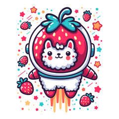 A cute, fluffy llama travels through space in a Krubnik-style astronaut suit. Bright illustration on a white background.