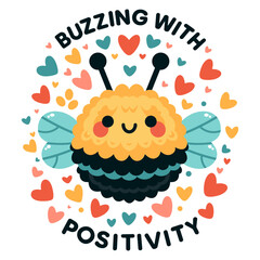 A cute cartoon bee with wings flies among hearts. Bright vector illustration.