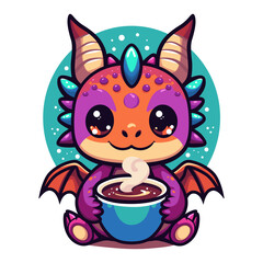 A cute dragon sits holding a coffee mug. Isolated on a white background for printing on paper or fabric.