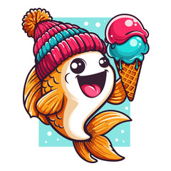 A cheerful fish in a winter hat holds an ice cream cone in a waffle cone. Bright vector illustration.