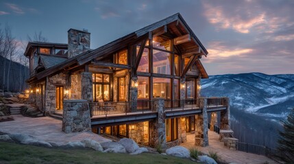 Fototapeta premium Luxury American mountain home built with stone and timber panoramic glass walls and a large deck overlooking a