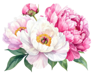 Pink & white peony cluster, open blooms & bud