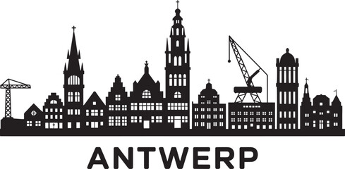 Fototapeta premium Antwerp belgium city skyline silhouette vector illustration featuring historical buildings and industrial cranes