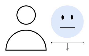 Minimal human outline beside a neutral face with a horizontal line and arrow beneath. Ideal for emotion, balance, neutrality, personality, decision-making, psychology, interaction. Simple flat