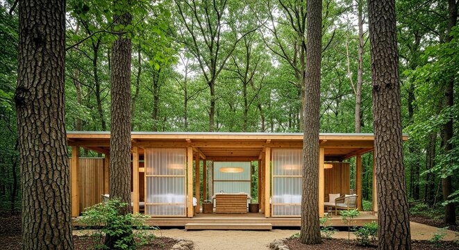 Custom Modern Log Cabin in Dense Forest with Natural Landscaping - Powered by Adobe