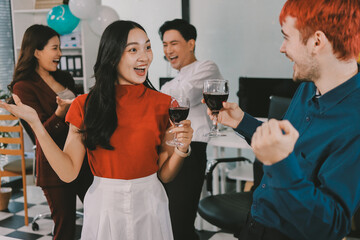 Diversity, dinner and group of people toast celebration together at party. Friends, happy and celebrate with food, wine and friendship for love, support and cheers champagne at business function