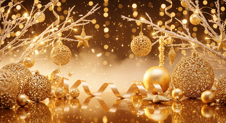 Luxurious golden Christmas background with ornate baubles, ribbons, and snow branches. Festive holiday banner with bokeh lights and copy space