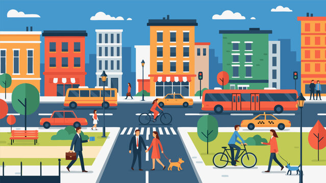 Modern flat design vector illustration of a bustling city street scene with people, cars, and architecture. Urban lifestyle and transportation concept
