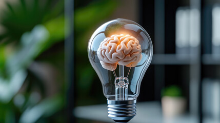 Lightbulb emitting light with a glowing human brain inside, symbolizing intellectual capacity, creative idea, innovation, and generating new concepts