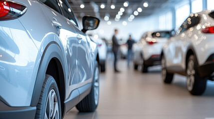 Modern car showroom displaying luxury cars with elegant design, clean flooring, and bright lighting, emphasizing new vehicle sales and automotive retail business