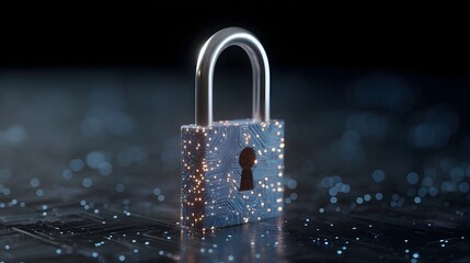 Digital padlock with glowing circuit board and bokeh lights