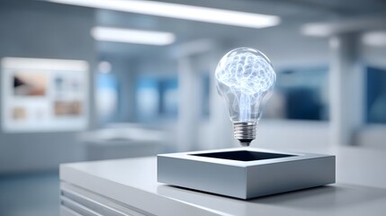Levitating light bulb with glowing brain symbolizing innovation