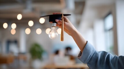 Graduation cap on glowing lightbulb symbolizes education and ideas