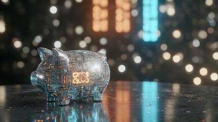 Futuristic digital piggy bank with glowing circuits