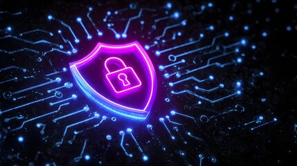 Digital security shield with neon padlock on circuit board