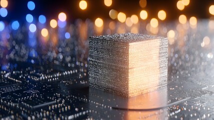 Abstract glowing cube on a futuristic circuit board