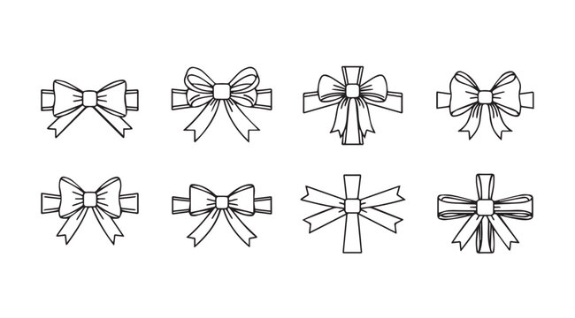 Collection of hand drawn bows in a distinctive silhouette style for decoration