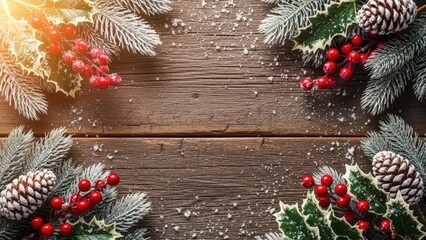 Frosted Christmas branches, red berries, and pinecones creating a festive border on a rustic wooden table background