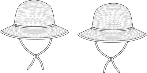 Line art of woven straw hats with chin straps, technical fashion sketch, summer headwear design, detailed illustration for product catalog use