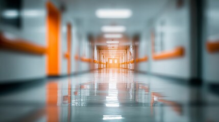 Blurred Hospital Corridor with Handrails and Bright Exit
