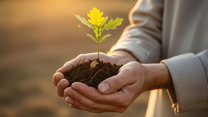 Person's hands gently holding a young green seedling with soil and an acorn outdoors on a bright sunny day
