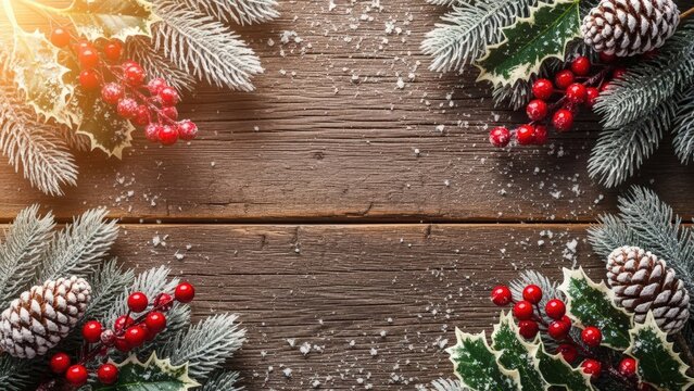 Frosted Christmas branches, red berries, and pinecones creating a festive border on a rustic wooden table background