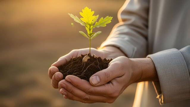 Person's hands gently holding a young green seedling with soil and an acorn outdoors on a bright sunny day