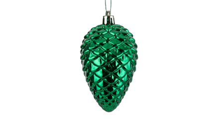 Shiny Green Pinecone Christmas Ornament on Dark Striped Background