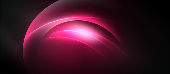 Abstract pink curves radiate from bright center. Dark background emphasizes glowing lines, creating dynamic visual effect.
