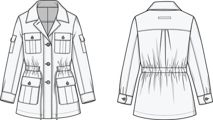 Utility jacket technical sketch, front and back view, notched collar, patch pockets, button closure, cinched waist, vector fashion drawing, garment blueprint