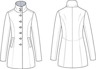 Women's coat technical sketch, front and back view, high collar, button closure, princess seams, welt pockets, vector fashion drawing, garment blueprint