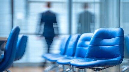 Blurred Motion of Businessman Walking Past Blue Seats