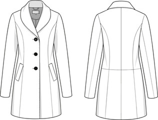Women's coat technical sketch, front and back view, notched lapel collar, button closure, welt pockets, princess seams, vector fashion drawing, garment blueprint