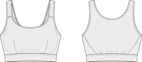 Women's sports bra technical sketch, front and back view, scoop neckline, wide straps, contour seams, vector fashion drawing, garment design blueprint