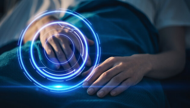Human hand in modern technology : A person's hand is the center of attention in a high-tech setting. It exudes a feeling of connectivity and innovation with sleek neon rings. - Powered by Adobe