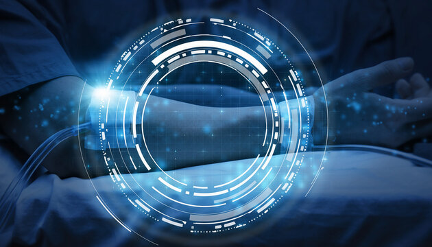 Medical Technology Interface: A futuristic concept showcases an interface overlayed on a patient's arm, visualizing data with vibrant, digital circles and representing advanced healthcare.
