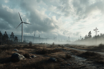 Wind turbines in a foggy landscape during sunrise, clean renewable energy concept with cinematic atmosphere, ideal for eco campaigns, sustainability visuals and corporate presentations