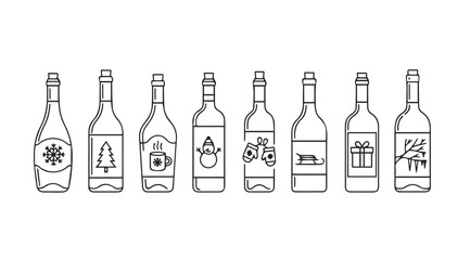 Collection of festive holiday themed wine bottle silhouettes with winter decorations