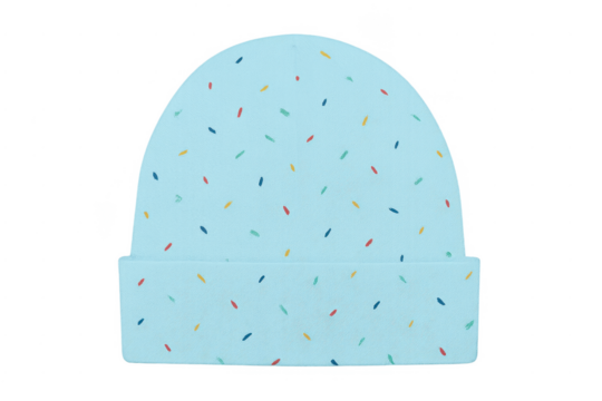 Light blue baby beanie with colorful sprinkles pattern