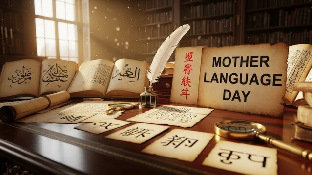 Mother language day display with quill pen, old books, diverse ancient scripts on a desk in a bright sunny library