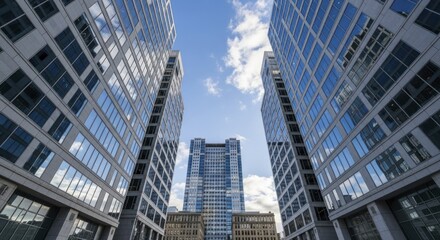 Modern glass office towers rise dramatically toward a bright blue sky.