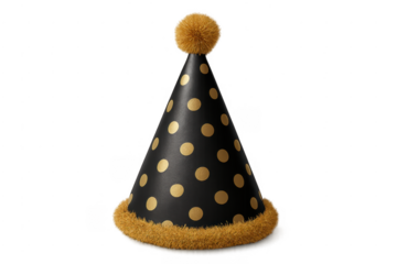 Black and gold polka dot party hat celebrating birthday