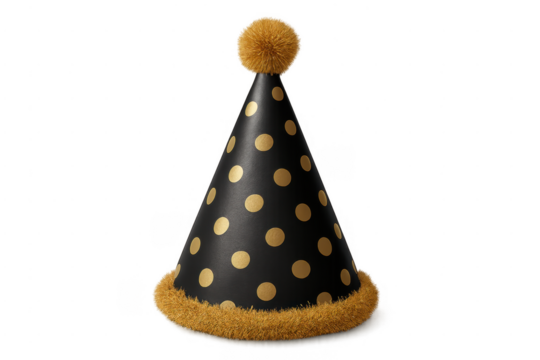Black and gold polka dot party hat celebrating birthday