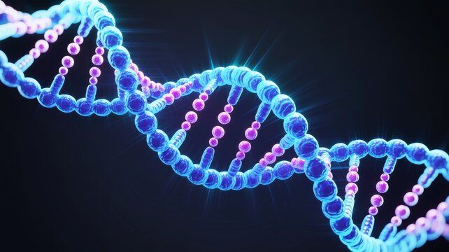 A vibrant representation of a DNA helix, showcasing its double-stranded structure with glowing blue and pink elements against a dark background.